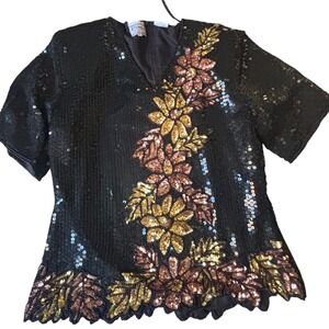 Stenay Vintage 100% Silk Sequin Beaded Floral Blouse Black Gold Bronze Large